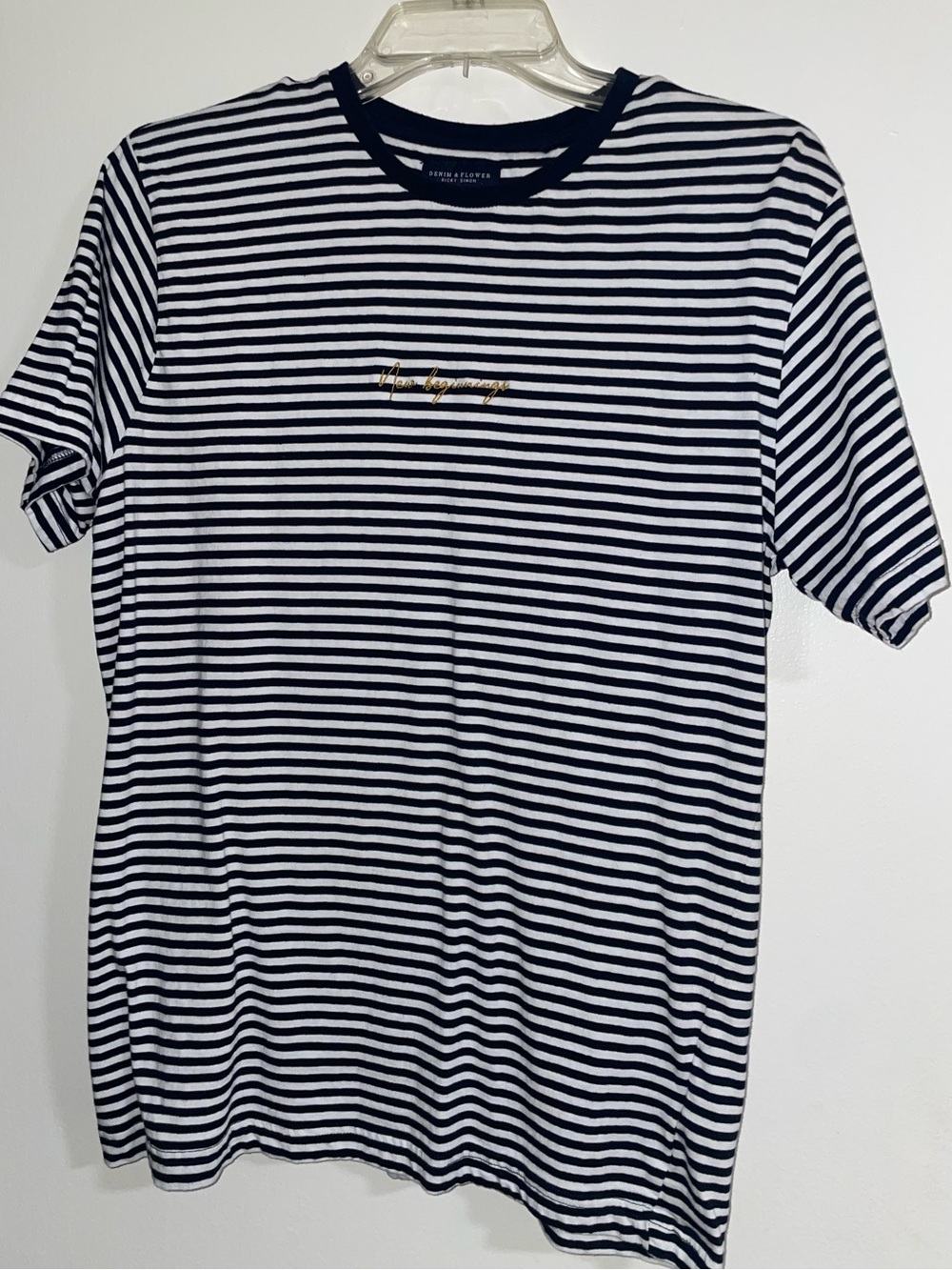Denim & Flower Navy and White Striped Tee with “New Beginnings”